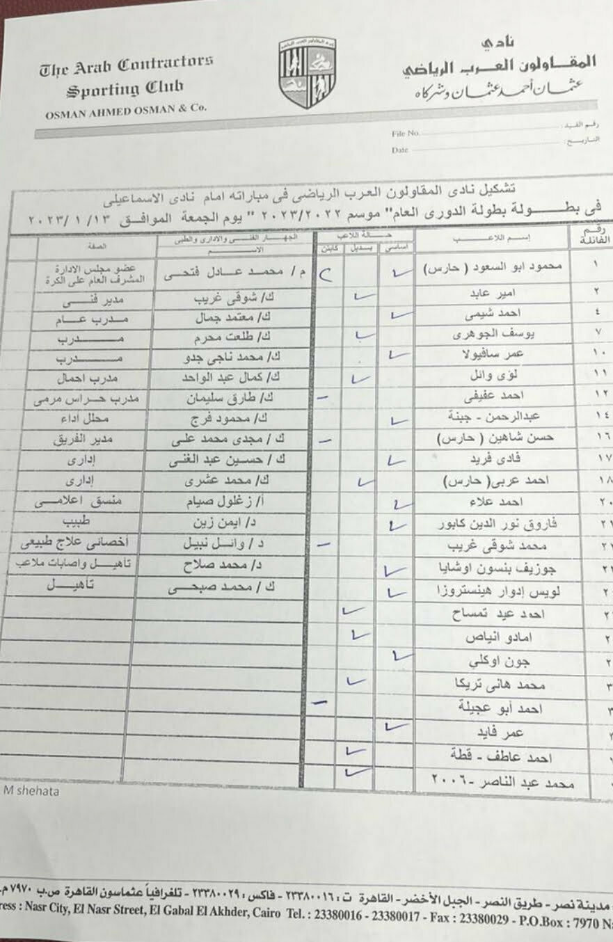 تشكيل المقاولون العرب أمام الإسماعيلي 